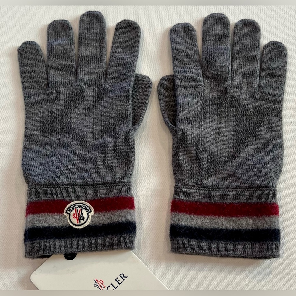 Moncler NWT Virgin Wool Grey Tri Color Gloves XL Unisex